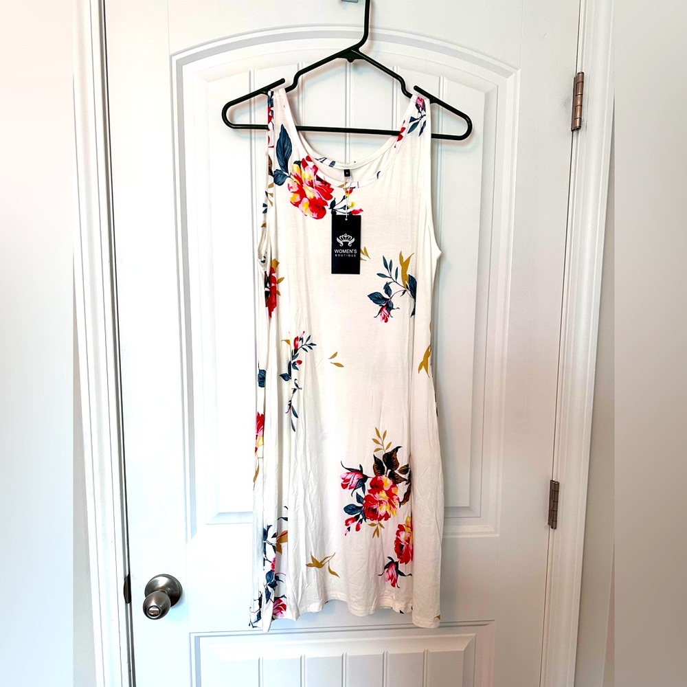 White floral tank summer dress with pockets